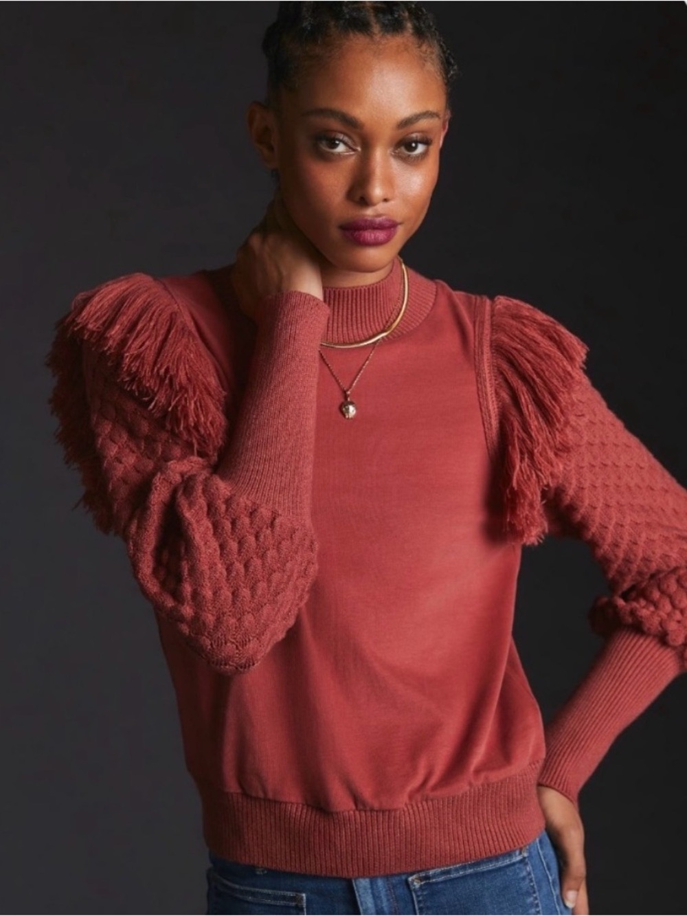Anthropologie Womens DOLAN Fringed Sweater Bubble Quilted Sleeve Sz S